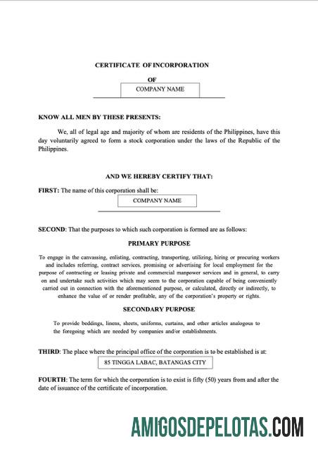 Certificado de incorporação das Filipinas Batangas para download, modelo Word e PDF